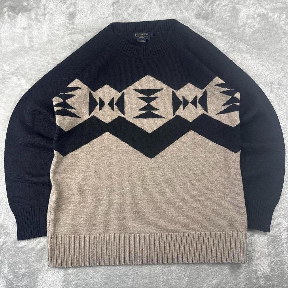 Pendleton Sweater Women’s XS Black Beige Merino Wool Aztec Knit Pullover